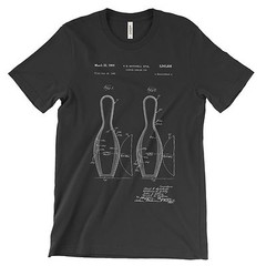 Bowling Pin Patent T-Shirt.100% Cotton Comfy Tee on Black White or Gray. NEW