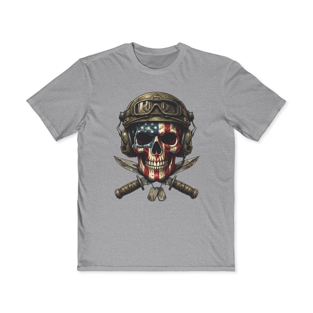 Men’s American Flag Skull with Helmet Tee | Skull and Knives Shirt Patriotic