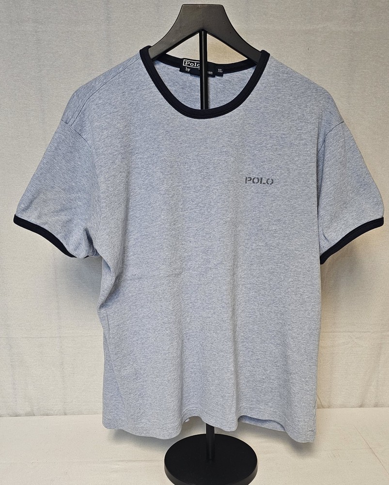 Vintage Polo Ralph Lauren Marled Powder Blue Ringer Collar Ribbed TShirt Mens XL