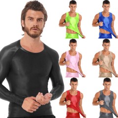 US Men’s Shiny Oil T-Shirt Long Sleeve Round Neck Shirt Fitness Bodybuilding Top