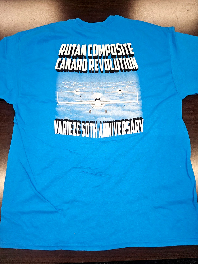 Rutan VariEze 50th Anniversary T-Shirt – All Sizes S, M, L, XL, XXL – Blue Comme