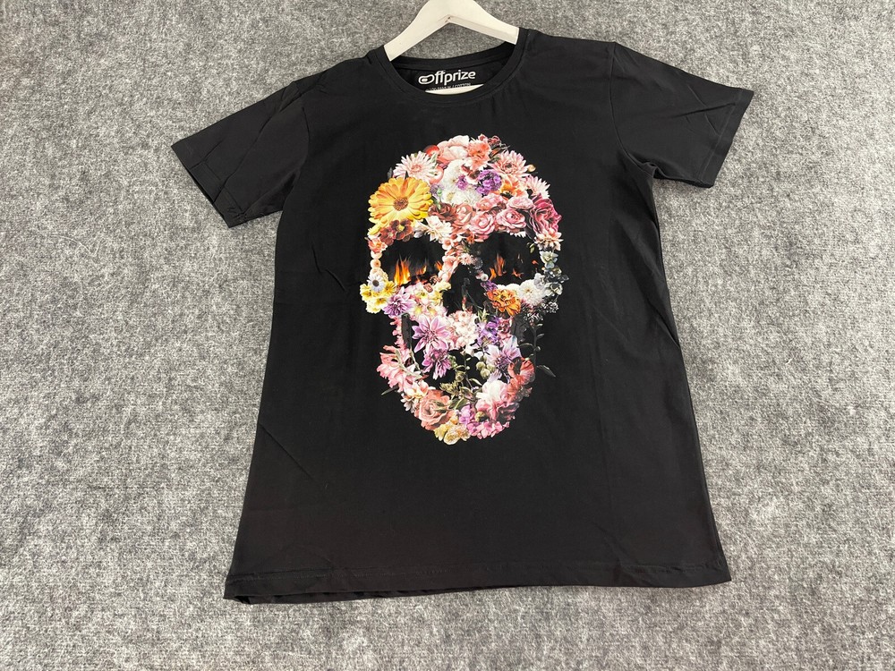 Off Prize Shirt Mens Large Skull Print Floral Tee Black Slim Fit Cotton N101