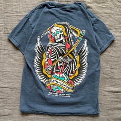 DEATH IS CERTAIN Graphic Skater Tee – Faded Blue Grunge Shirt, Size M
