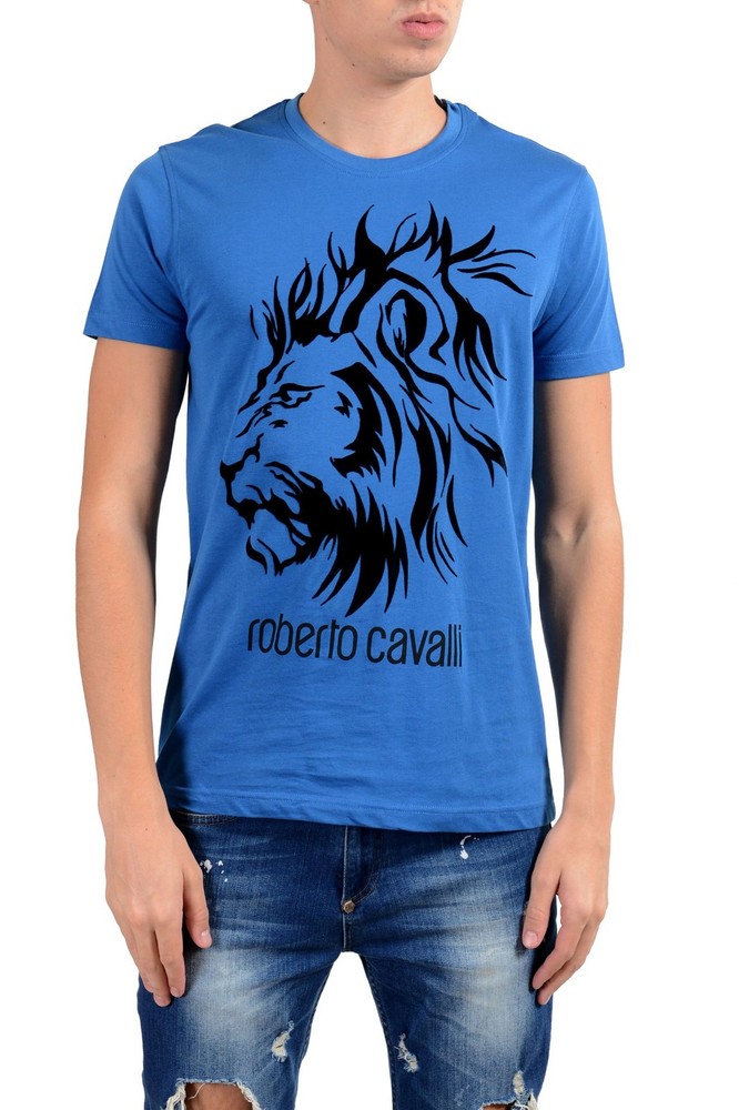 Roberto Cavalli Men’s Blue Embellished Lion Crewneck T-Shirt US 2XL IT 56