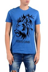 Roberto Cavalli Men’s Blue Embellished Lion Crewneck T-Shirt US 2XL IT 56