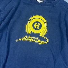 VTG Etnies Mens Graphic T-Shirt Navy Blue Yellow Headphone Skate Logo Size M