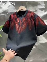 Men Embroidery Peacock Feathers T-Shirt Casual Short Sleeve Crewneck Cotton Tee
