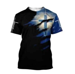 Glowing Light Cross Black And Blue Color Jesus AOP 3D Shirt Full Size S-5XL