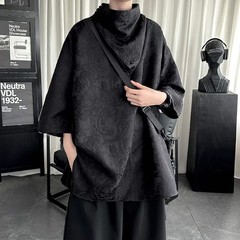 Black High Neck Silk Shirt Summer Thin Men’s High Neck 7-inch Sleeve Loose Tops