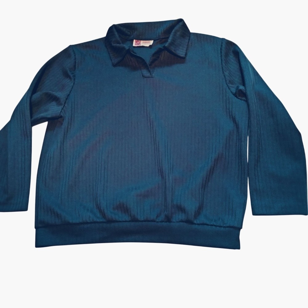 Haband Mens Long Sleeve Pullover Shirt Navy Blue V Neck Collar L Vintage Retro