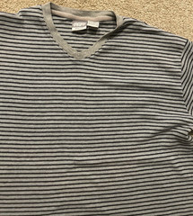 Vintage Utility Wear Knit V Neck Mens Blue and Gray Striped Ribbed Shirt Sz L