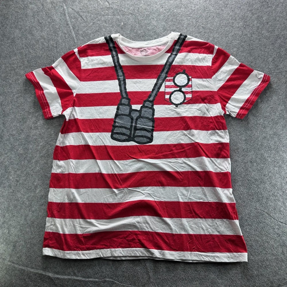 Where’s Waldo? Shirt Mens 2XL Red Striped Binoculars Graphic Tee Crewneck