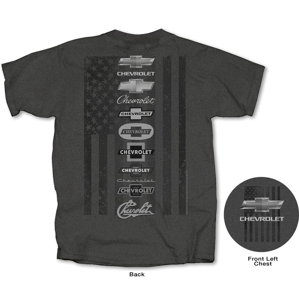 Joe Blow T’s Spine Print Chevy Logos Mens Gray T-Shirt Bowtie Emblems Tonal Flag