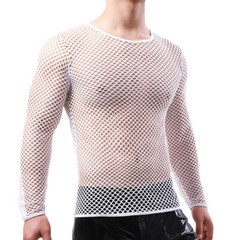 Mens Fishnet Shirts Mesh Transparent Long-Sleeve Muscle T-Shirt Undershirt Tops