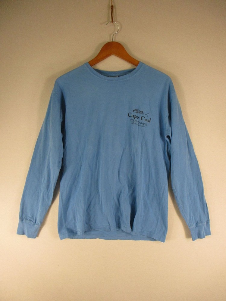 Hanes ComfortWash T-Shirt Mens M Cape Cod Striped Bass Long Sleeve Graphic Blue