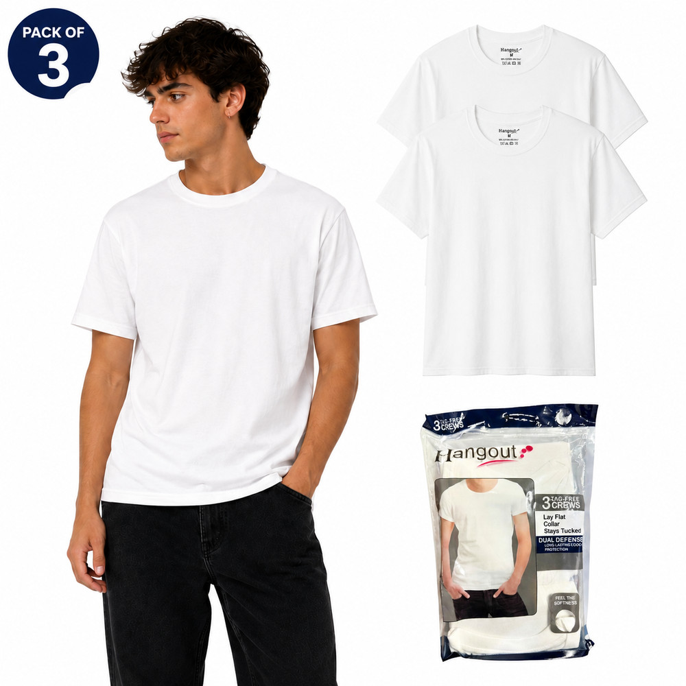 Men’s Crew Neck White Plain Undershirt Blank Tee Pack of 3