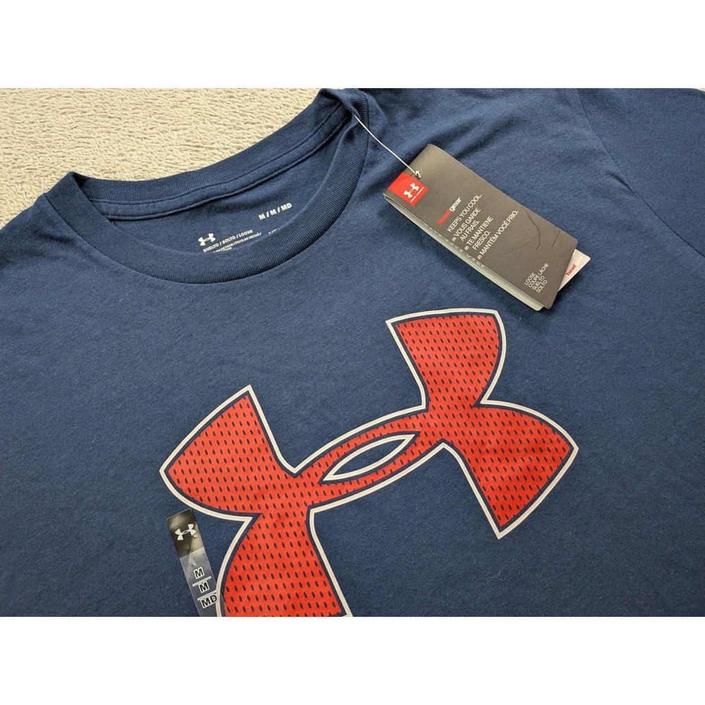 Under Armour Mens HeatGear Big Logo Graphic T-Shirt Navy Blue Red 1329583 Medium