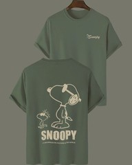 Snoopy & Woodstock Graphic T-Shirt Olive Green Unisex Cotton Casual Tee