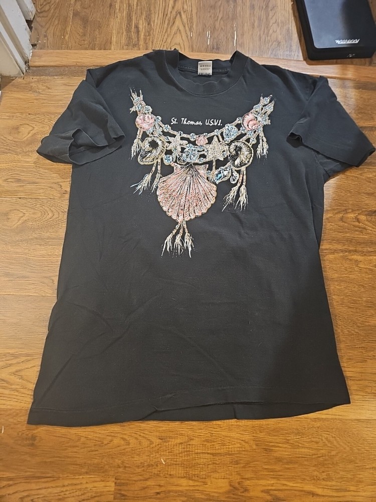 VTG 90s St Thomas USVI Virgin Islands Black T-Shirt Seashells Adult Large