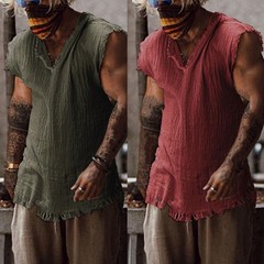 Men Vest Solid Color Casual Leisure Individual Old Style Loose Type Ripped Edge