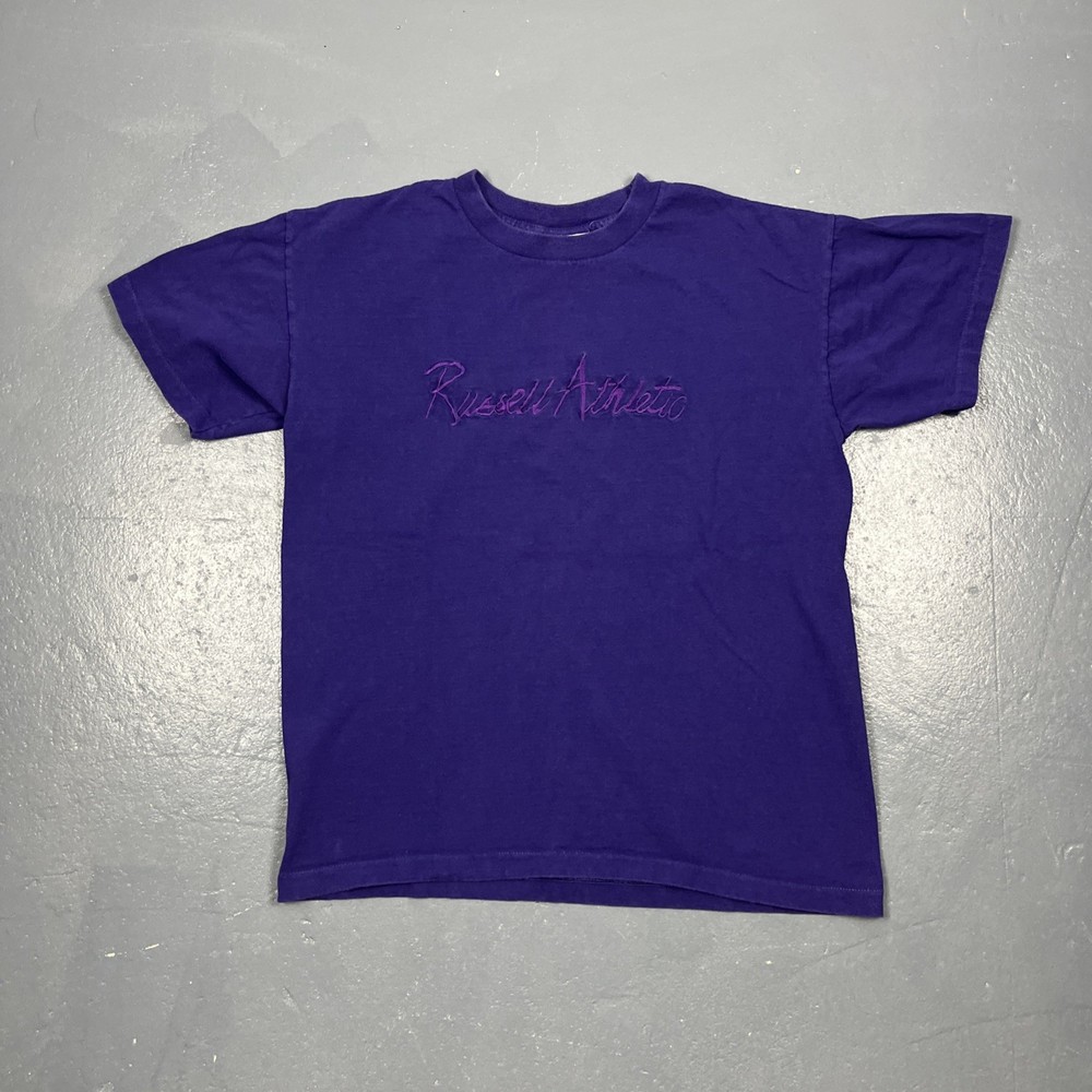 Vintage 90s Russell Athletic Embroidered Tshirt Purple Medium Single Stitch VTG