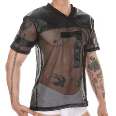 Men’s Short Sleeve Black Mesh Sheer T-shirt Transparent Fishnet Stripe Tee Tops
