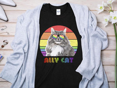 Rainbow Cat T-Shirt, Ally Cat with Sunglasses, Unisex Pride Fashion Tee