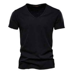 100% Cotton V-Neck Design Slim Fit Soild Color Short Sleeve T Shirt for Men