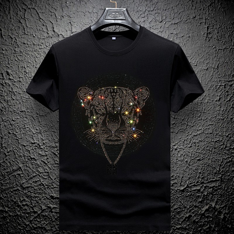 Men Fashion Trend Leopard Diamond Rhinestone Streetwear Summer Luxury T-Shirt