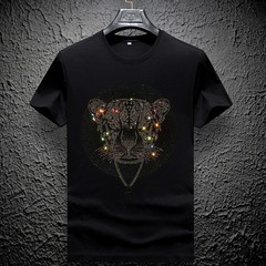 Men Fashion Trend Leopard Diamond Rhinestone Streetwear Summer Luxury T-Shirt