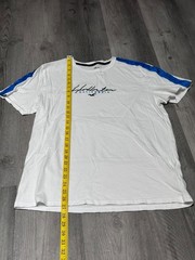 Men’s Hollister T-Shirt White/Blue Embroidered Logo & Shoulder Stripes Tee – L