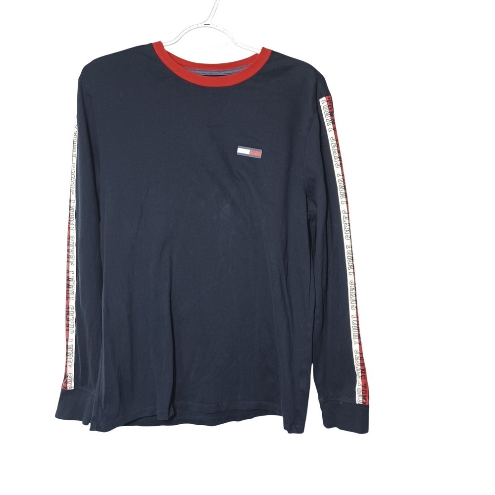 Tommy Jeans Hilfiger Men’s M Long Sleeve Black Crewneck Red Ribbed Collar Shirt