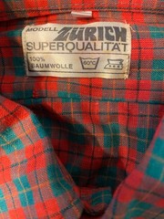 VINTAGE mens 70s ZURICH RED/GREEN CHECK PLAID COTTON LONG SLEEVED SHIRT 44″