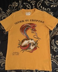 Valabasas Men’s S Yellow Cotton Graphic Crew Neck Tee Rhinestone Skull Snake