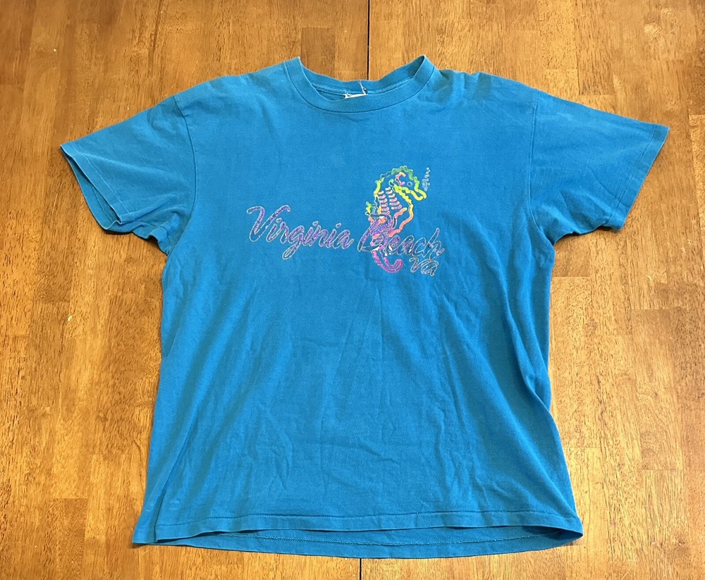 Vintage 90s Virginia Beach T Shirt Medium Single Stitch Seagorse Colorful