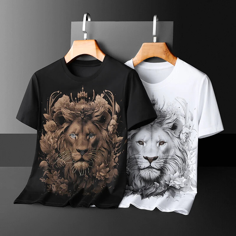New Fashion Lion Rhinestone Summer Short Sleeve Luxury Men Cotton Trend T-Shirt