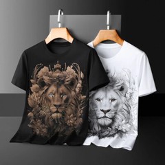 New Fashion Lion Rhinestone Summer Short Sleeve Luxury Men Cotton Trend T-Shirt