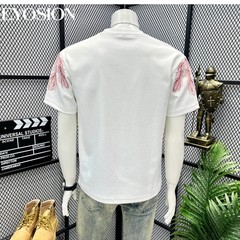 Men Embroidery Peacock Feathers T-Shirt Casual Short Sleeve Crewneck Cotton Tee