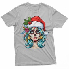Christmas Sugar Skull Art Woman Santa Hat Festive Design T-Shirt