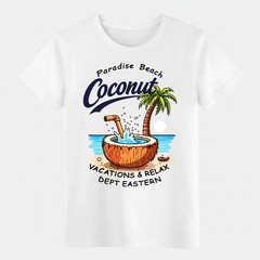 Paradise Beach Coconut Casual T-Shirt, Tropical Summer Vacation Graphic Tee