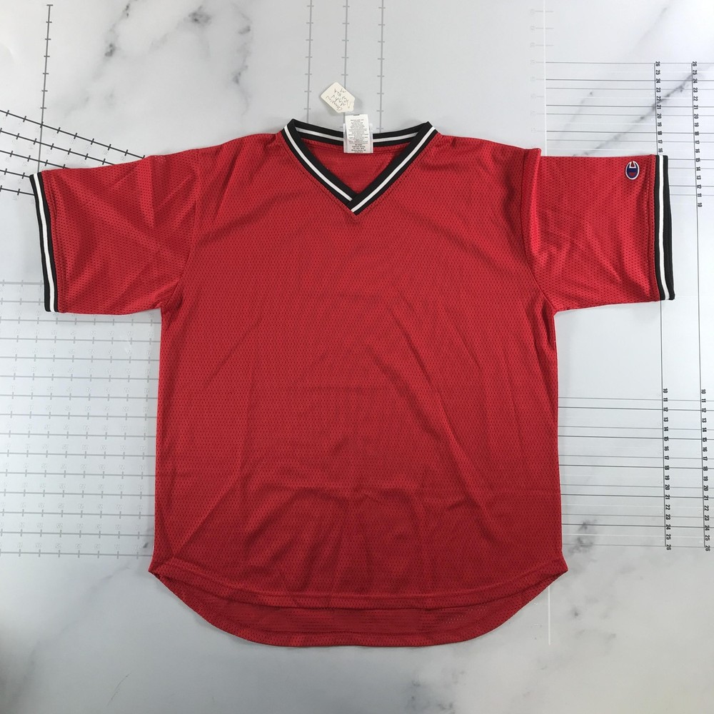 Vintage Champion Shirt Mens Medium Red Mesh V-Neck Short Sleeve Athletic Jersey