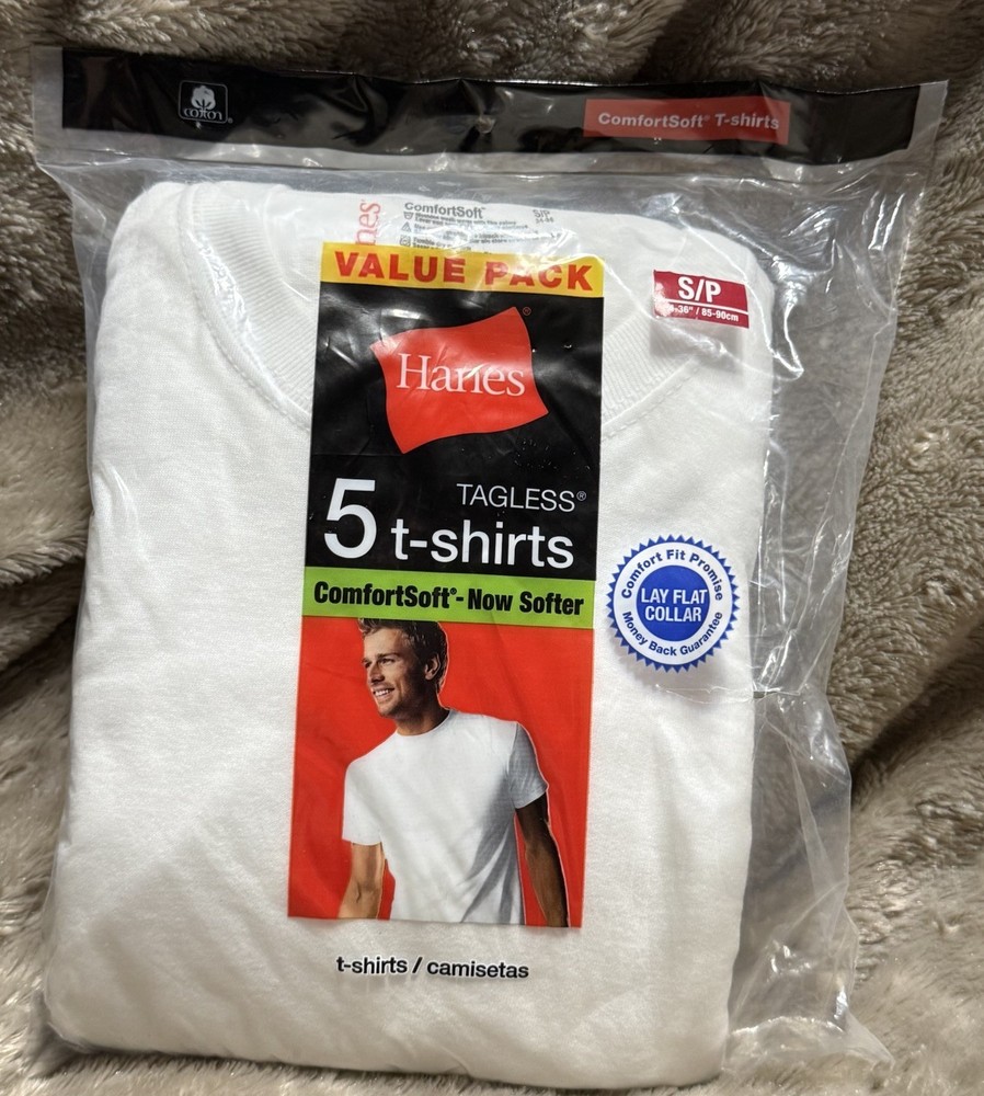 Hanes Cotton Tagless Lay Flat Collar TShirts White 5Pack Mens Small 34-36” NEW