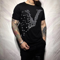 Fashion Men Hot Drill Planes Printed Rhinestones Luxury Slim Black White T-Shirt