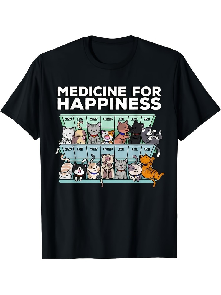 Cute Cat Graphic T-Shirt Medicine for Happiness Funny Cat Lover Tee Casual Shirt