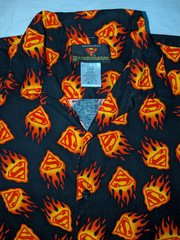 Warner Brothers Superman Shirt Black Flame S Logo Button L Short Sleeve Camp EC