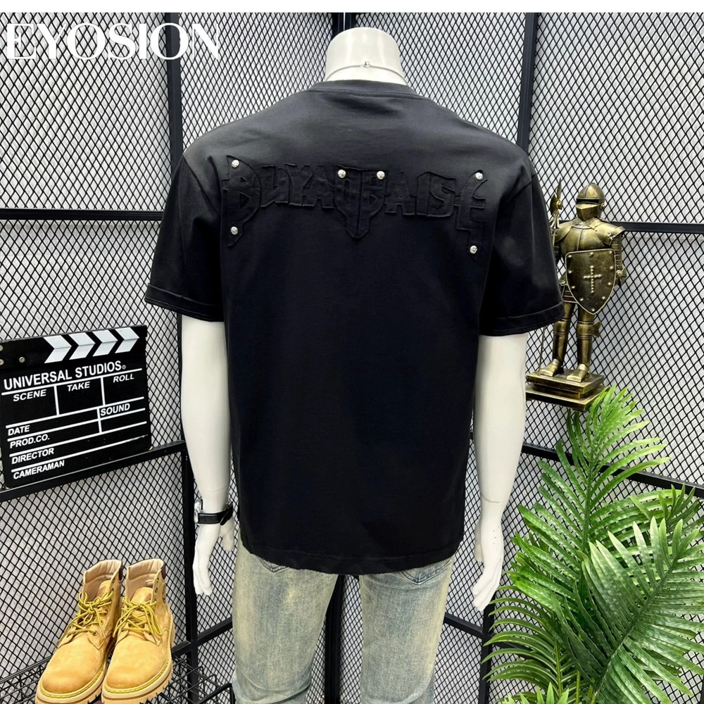 Men High Street Letter Patch Embroidered T-Shirt Rivet Heavy Weight Casual Tee