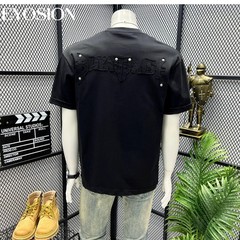 Men High Street Letter Patch Embroidered T-Shirt Rivet Heavy Weight Casual Tee