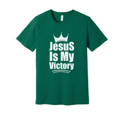 Unisex Christian T Shirt Featuring The Phrase Jesus Is My Victory With Crown Emb