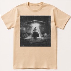 Funny Shark Abduction T-Shirt UFO Alien Vintage Art Sci-Fi Graphic Tee S-5XL