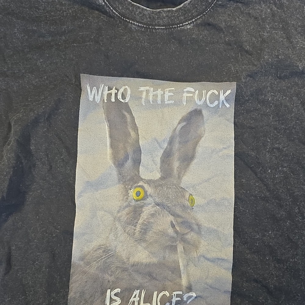 Black Alice in Wonderland Rabbit Graphic Crewneck Cotton Knit Tee Men’s M